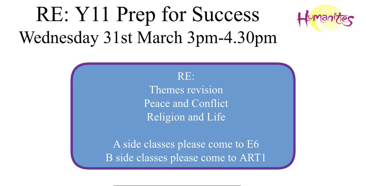 HumanitiesPcsa's tweet photo. Year 11 RE Prep for Success! ⭐️🏆🧠📚👍🏽🤩📖🖊📘

Come and join us next Wednesday 31st March (3pm-4:30pm)

The session will give you a chance to recap and strengthen your understanding of the topics below! 

See the photo below for details of where to go! 

@Priorycsa @miss_rees4 https://t.co/ZzuCsdZTj6