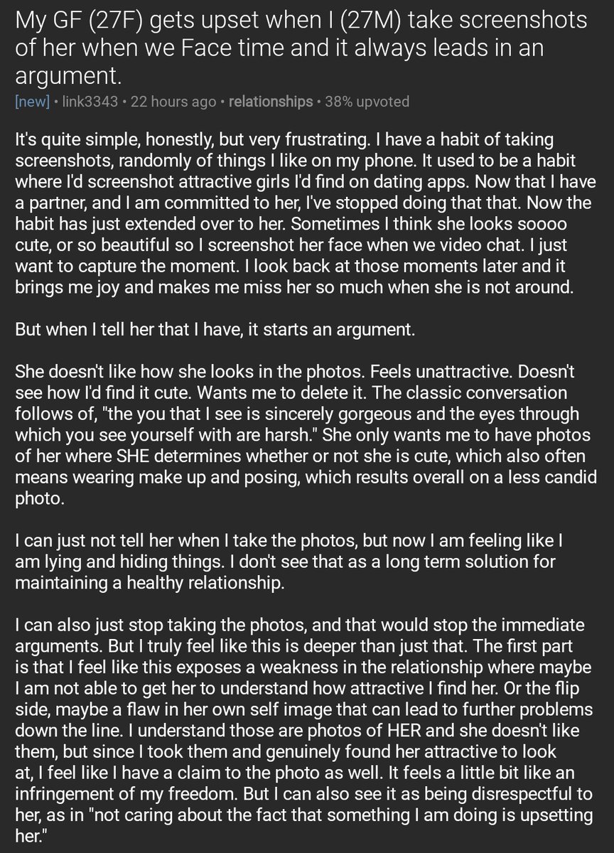 redditships's tweet photo. My GF (27F) gets upset when I (27M) take screenshots of her when we Face time and it always leads in an argument. https://t.co/QvMtv286i1 https://t.co/tjWbvUWrJq