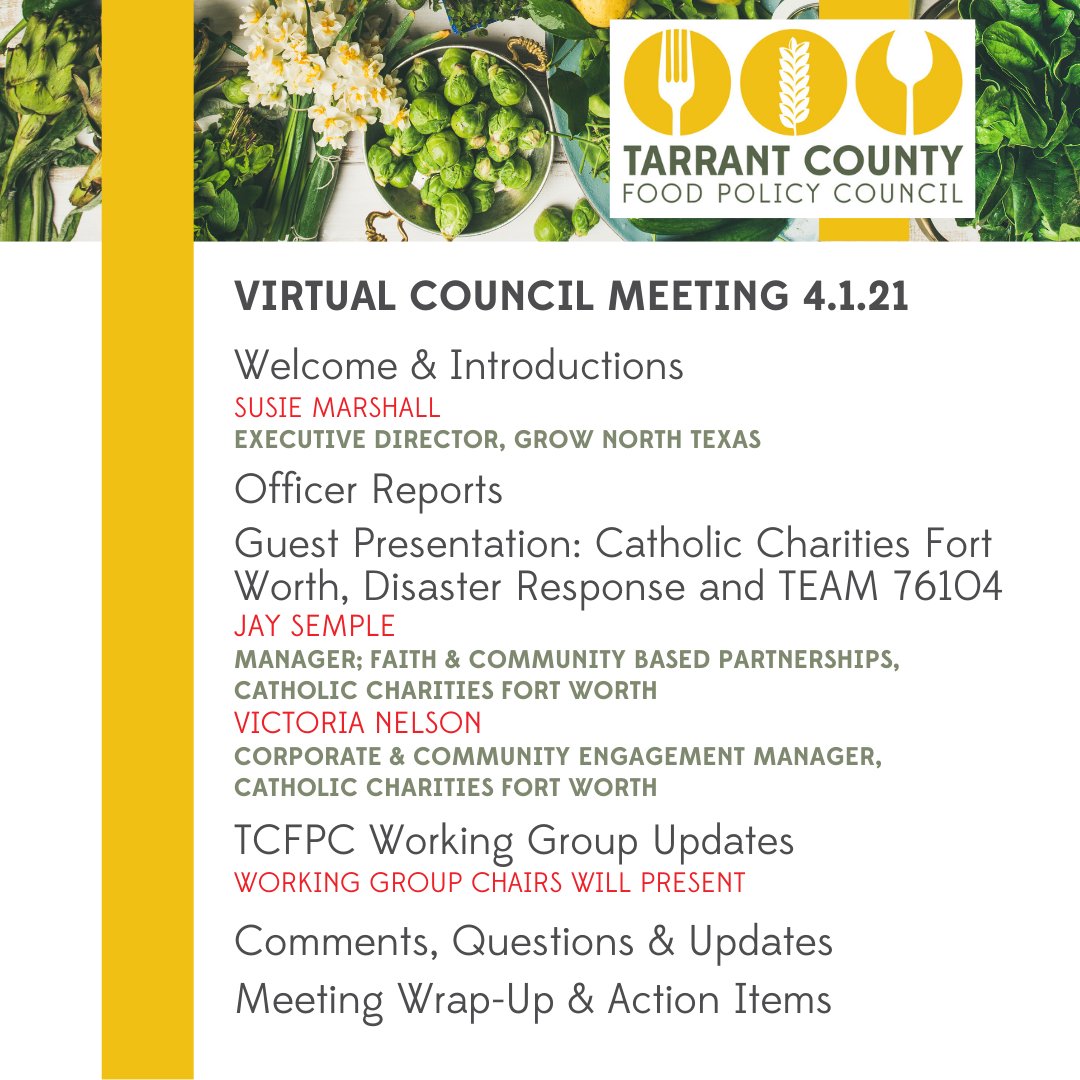 tarrantFPC's tweet photo. Join our virtual April general council meeting! Thursday, April 1st from 4:00-5:30 pm CST. Guest speakers from @CCFortWorth will share about TEAM 76104 food access efforts and disaster response in our county. Join via https://t.co/w1y3awApcU. https://t.co/MBvGsnYpSu