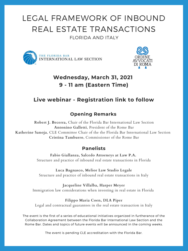 FlaBarILS's tweet image. Save the Date - Legal Framework of Inbound Real Estate Transactions CLE conta.cc/31lwtXz