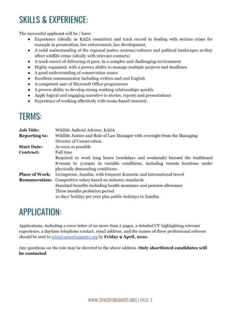 This is a wonderful opportunity for the right candidate to join <a href="/SpaceforGiants/">Space for Giants</a> team as a Wildlife Justice Advisor and help reduce the illegal wildlife trade