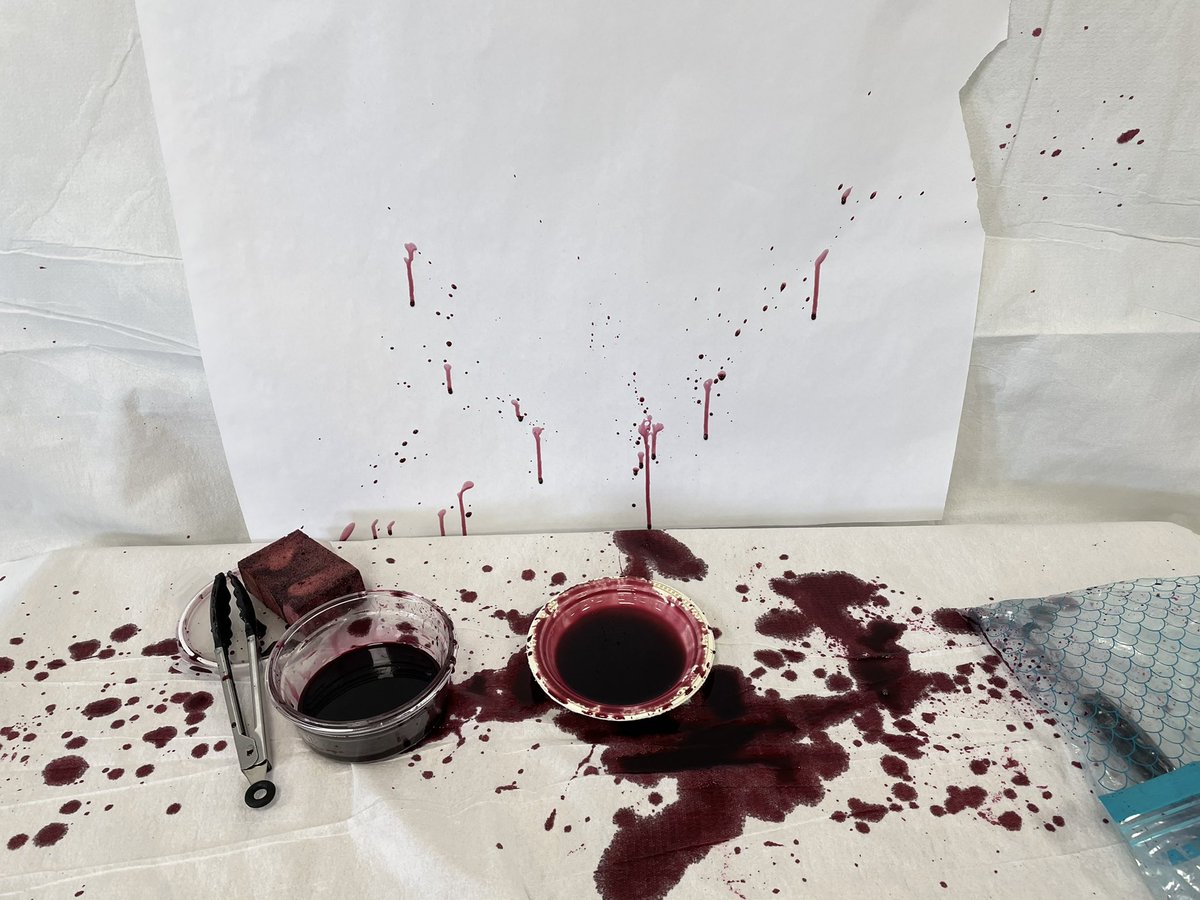 mlkneeshaw's tweet photo. in Forensics 7/8, we’ve been learning about blood spatter! We learned how fake blood drops can change with gravity and how patterns can change with different forces applied to a fake blood source. So messy but so fun! @WGMurdoch #RVSed https://t.co/R4EksFSsk7