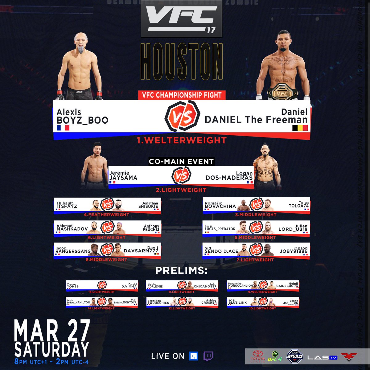 FuryVS_'s tweet photo. IT'S TIME for the MAIN EVENT ‼️
🇺🇸 H-TOWN - #ToyotaCenter #Online

#VFC17 - Virtual Fighting Championship 1⃣7⃣
🛑 14 combats
🕗 20h (Paris) &amp; 🕑 14h (Quebec)
📺 LIVE ON Twitch: https://t.co/DNoJk9bxih
ℹ️ Info: https://t.co/AgYD3FlqU3

#Maincard #ufc4 #mma @EASPORTSUFC https://t.co/J6qPdYvsLe