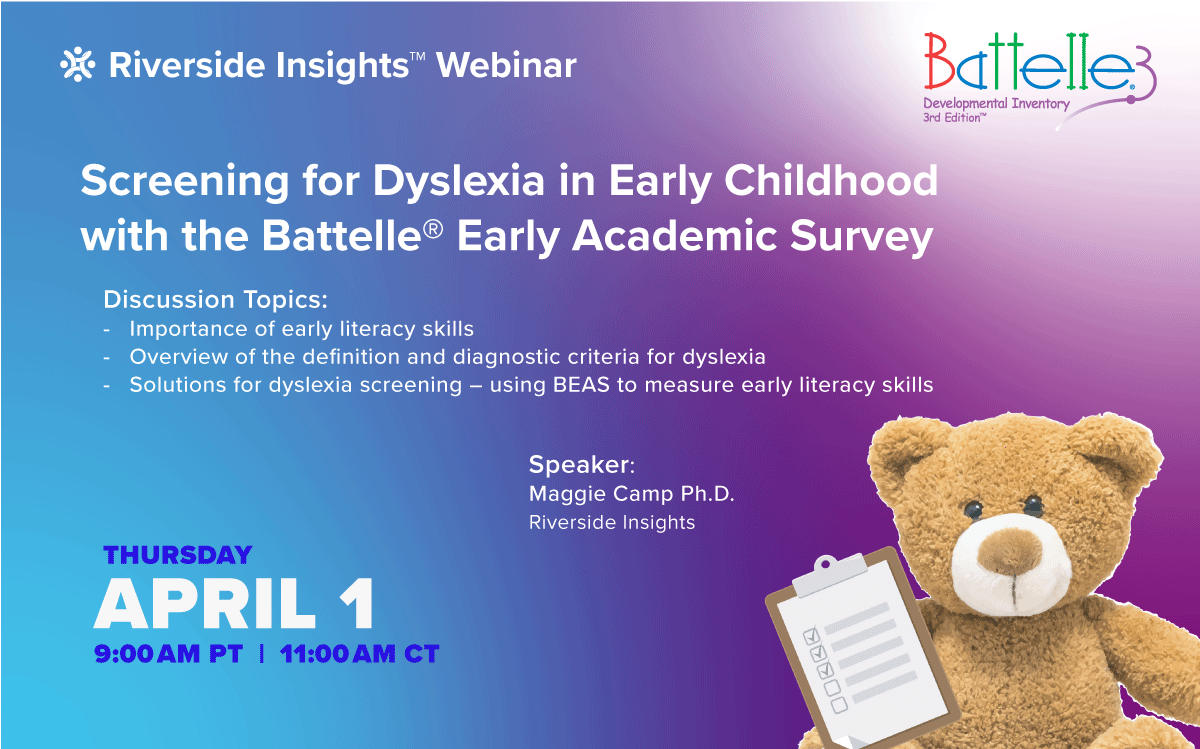 1BillionLives's tweet photo. Join Maggie Camp with Riverside Insights in a webinar dedicated to exploring the importance of early literacy skills and screening for Dyslexia in early childhood with the Battelle® Early Academic Survey.

https://t.co/qidNfMeJWo

#earlychildhoodeducation #earlyed #edchat https://t.co/6afMEvDLDz