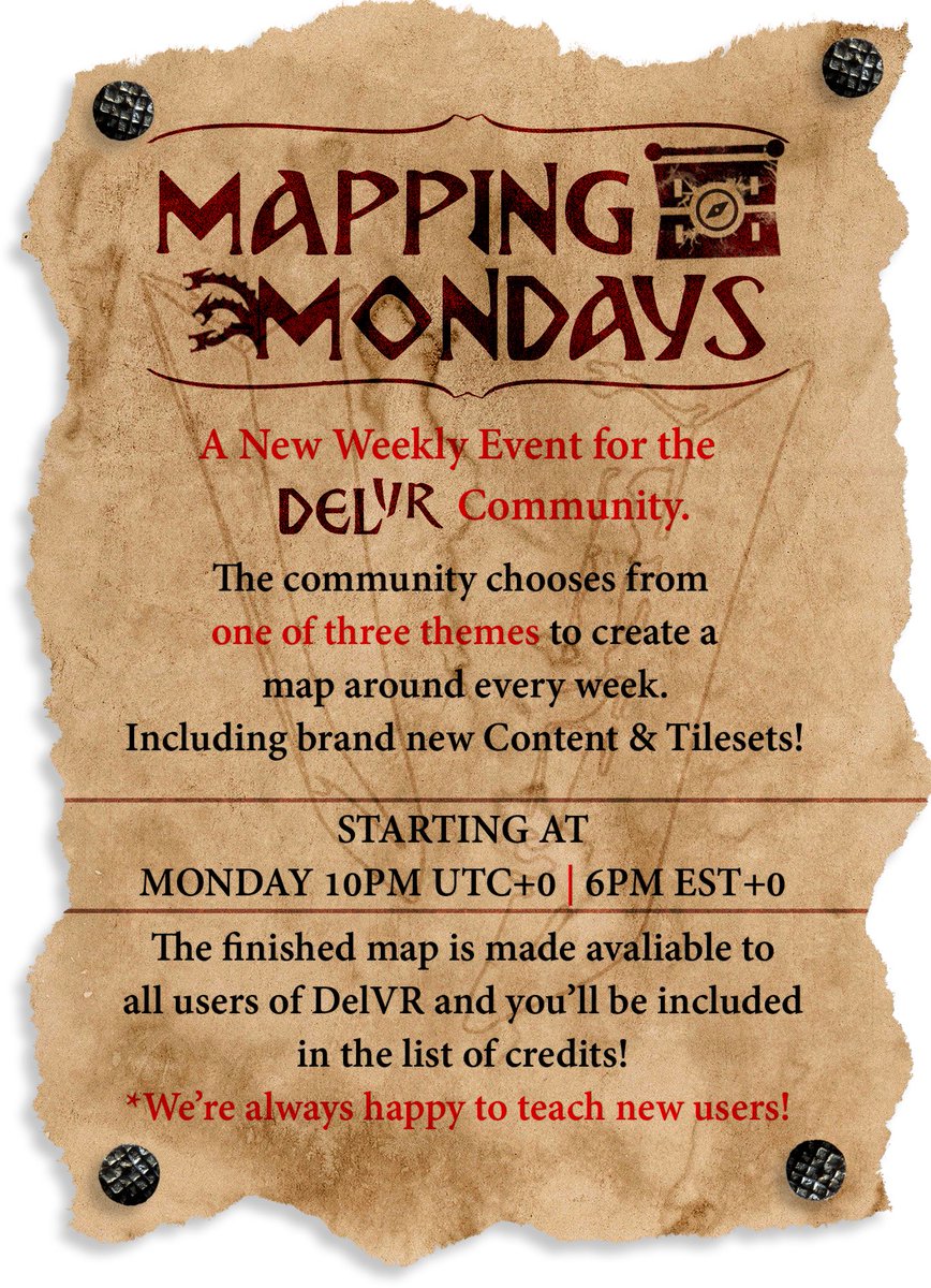 DelVR_Team's tweet photo. This Monday we will be returning to our regular hosted events! A few changes will be happening the main one being the event is no longer GM Training but much rather Map Creation. Join our discord to vote for this coming events theme.
#dnd #delvr #vr #NeosVR https://t.co/9lP9YCvyJ7