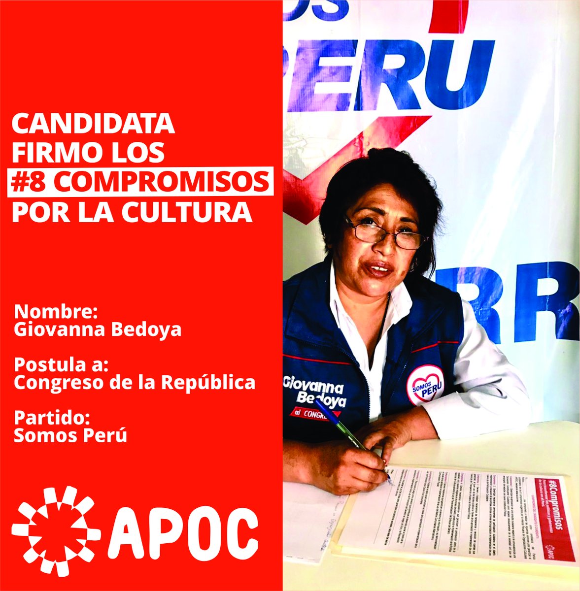apocperu's tweet photo. #8compromisos #Arequipa — Giovanna Bedoya, candidata al Congreso por el Partido Somos Perú, asumió los #8Compromisos para transformar las políticas y gobernanza de la cultura en Perú.
Infórmate sobre la iniciativa https://t.co/L2vC2rhOPo https://t.co/UT4XZEFwET
