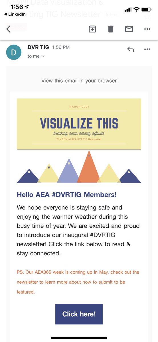 devenwisner's tweet photo. So jazzed to see this in my mailbox today! What a labor of love — so fun to collaborate with Amanda Yearling and @PivotDataDesign on creating the inaugural @aeaweb #DVRTIG newsletter, featuring @abmakulec! 🤩
P.S. you should go follow @DVRtig 🤓 https://t.co/pZpQJ28TPo
