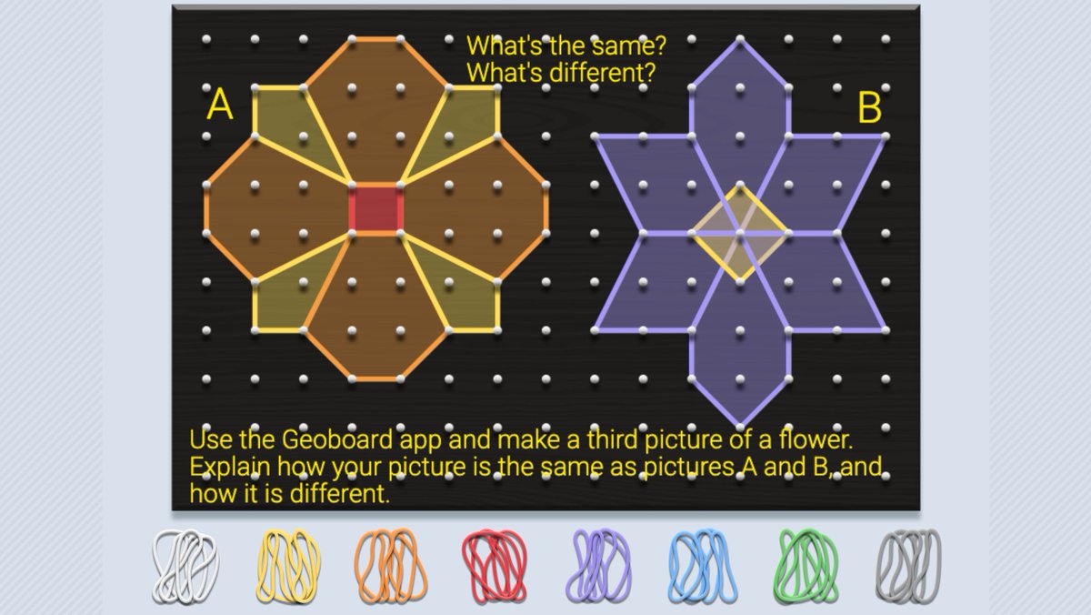 MLCmath's tweet photo. Math helps us bloom🌷🌸 🌹 
 
Look at the two flowers in the Geoboard app. What's the same? What's different? Use the Share button to share your work! #SpringIntoMath #BridgesMath #GeoboardApp https://t.co/xkwTJmq1cY https://t.co/uCR8aYVkp9