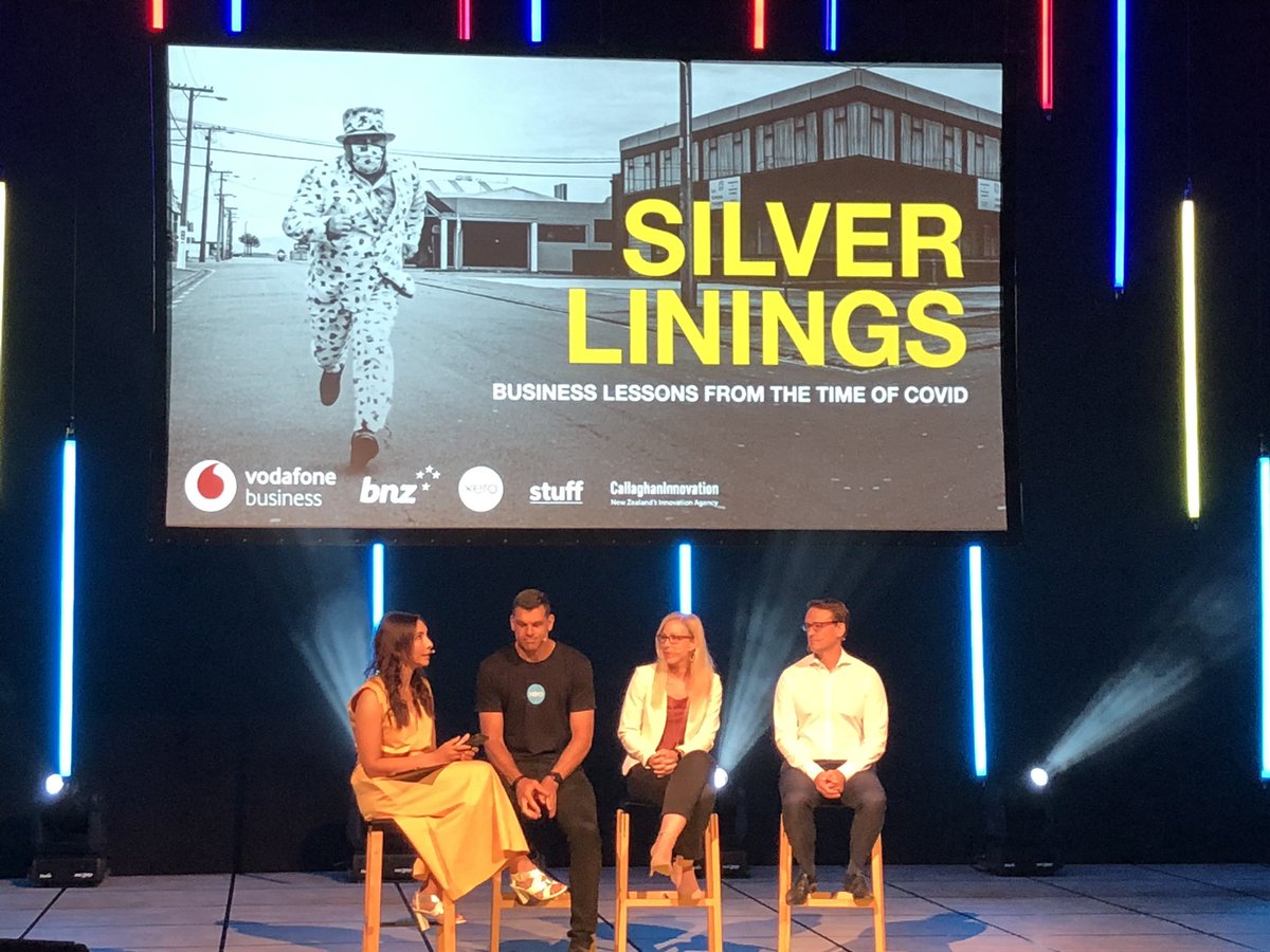 RebeccaMHuang's tweet photo. Leaders from some of the largest NZ businesses share their insights from the last 12 months at @SilverLiningsNZ.  @LindsayZwart from @vodafoneNZ,  @CraigHudsonNZ from @Xero and Paul Carter from @BNZ with @medickinson from @NanogirlLabs. #SilverLiningsNZ https://t.co/85K5JTmAeA