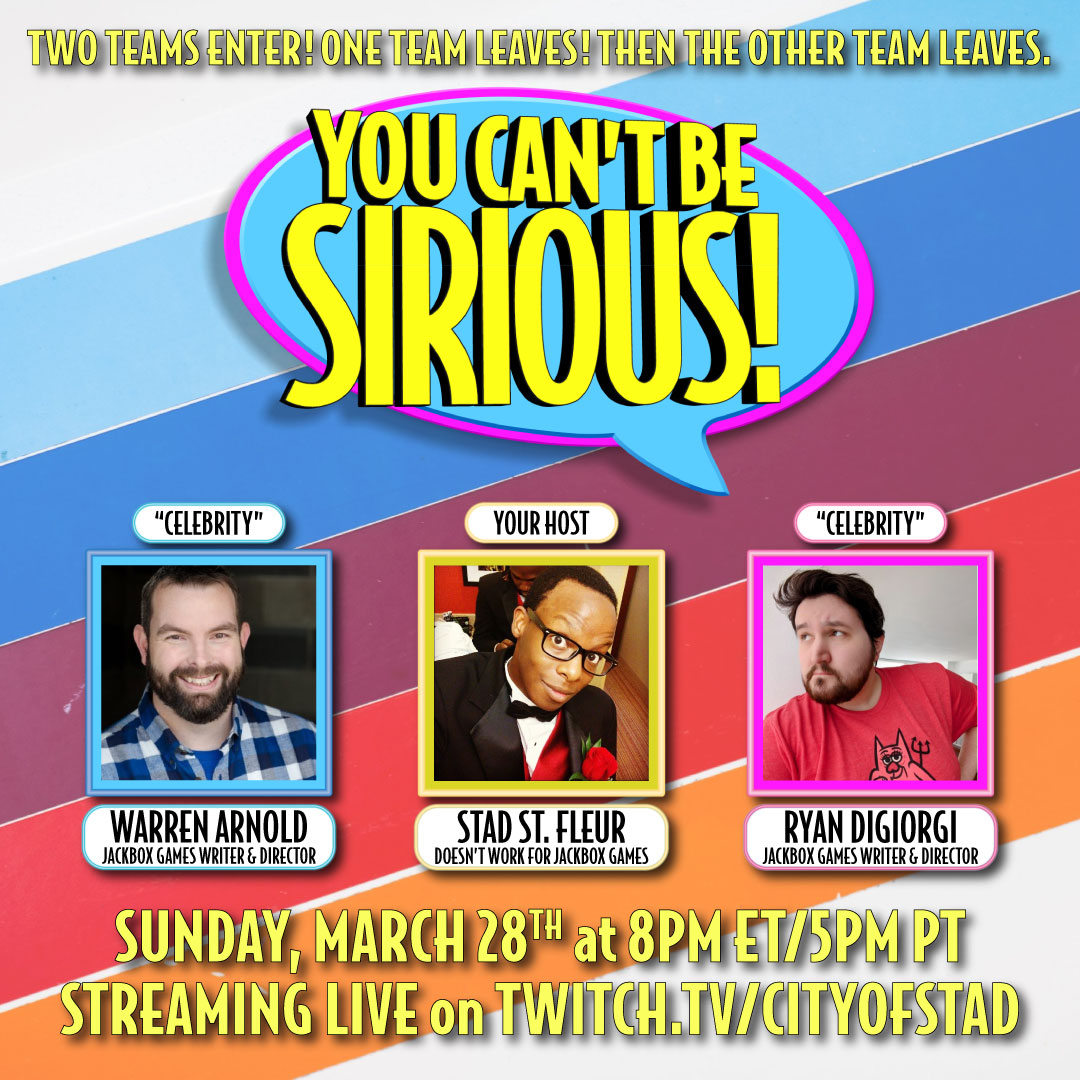 CityOfStad's tweet photo. I mean, does this need any introduction? Yes? Ok then:
This is a special episode for me. 2 very good friends @rdigiorgi &amp; @JackboxWarren from Jackbox Games come play #YCBS! You don't wanna miss this.

THIS SUNDAY. 3.28 at 8PM Et/5PM PT

https://t.co/bkzVwycrGA https://t.co/59XNkGWHS1