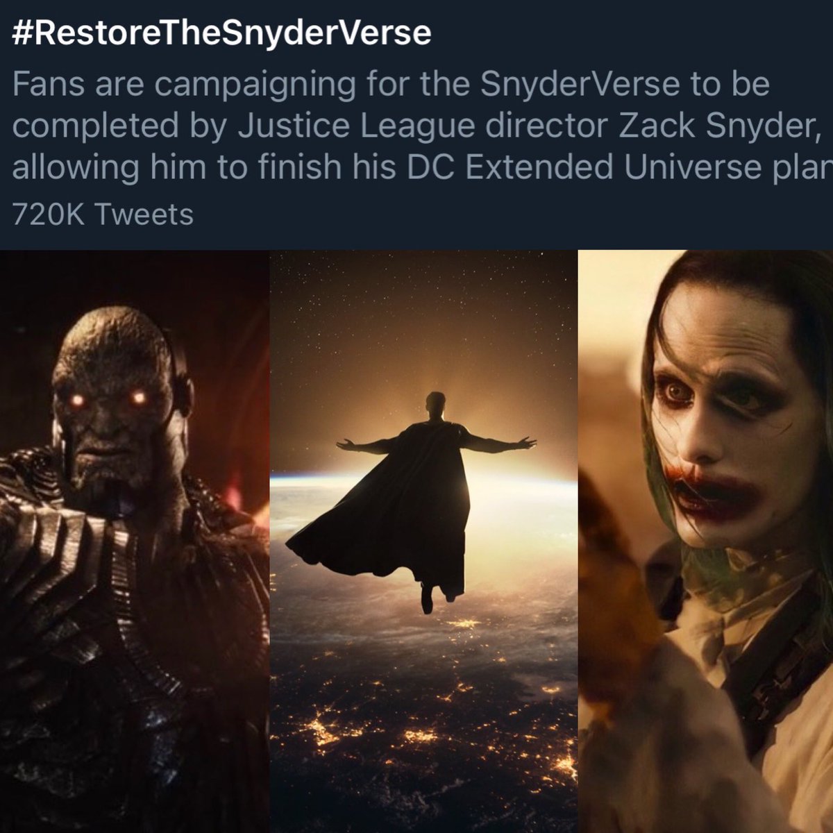CinemaDebate's tweet photo. #RestoreTheSnyderVerse has surpassed 700,000 tweets worldwide as fans campaign for @WarnerMedia to allow Zack Snyder to complete his Justice League trilogy on HBO Max. https://t.co/6QFvRy1IFs
