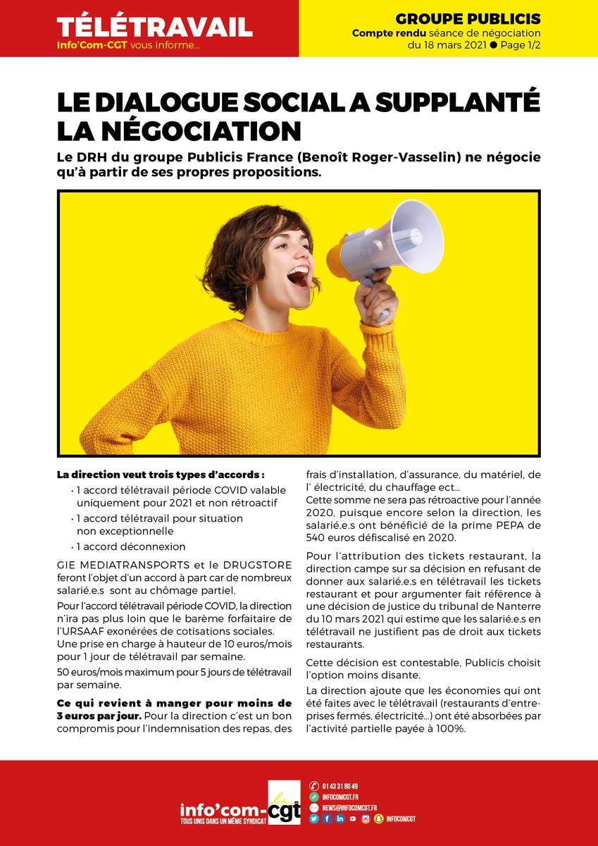 CGTPublicis's tweet photo. #GroupePublicis #Teletravail #Negociation #18mars2021
🗣 LE DIALOGUE SOCIAL A SUPPLANTÉ LA NÉGOCIATION !
Le DRH du #GroupePublicis France (Benoît Roger-Vasselin) ne négocie qu’à partir de ses propres propositions… https://t.co/MTxz1yFH73