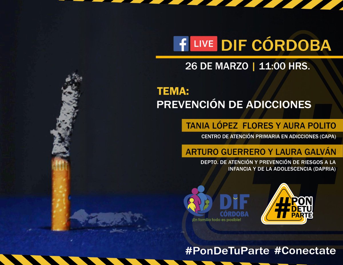 DIFCordoba's tweet photo. #PonDeTuParte #DIFCórdoba  Te invita este viernes 26 de marzo en punto de las 11:00 a.m. a través de nuestra página de Facebook a la transmisión de la platica "Prevención de Adicciones" con #DAPRIA. 
Invitadas: Tania López y Aura Polito Centro de Atención (CAPA) https://t.co/81PPtUEQIr