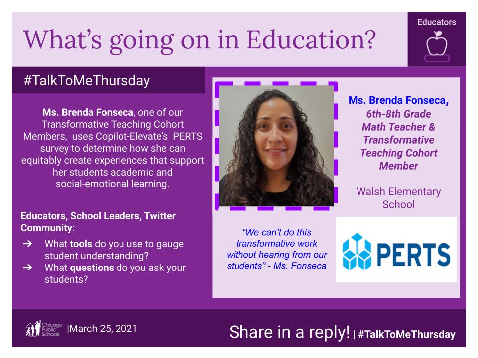 For this #TalkToMeThursday, we are featuring Ms. Fonseca <a href="/JohnAWalsh17/">John A Walsh</a> who uses <a href="/pertslab/">PERTS</a> to inform her instruction. What tools or questions do you use to gauge student understanding <a href="/ChiPubSchools/">CPS - Chicago Public Schools</a> Educators @CPS_Leaders <a href="/FfTSpecialists/">FrameworkSpecialists</a> <a href="/cpsnewteachers/">CPSnewteachers</a>?