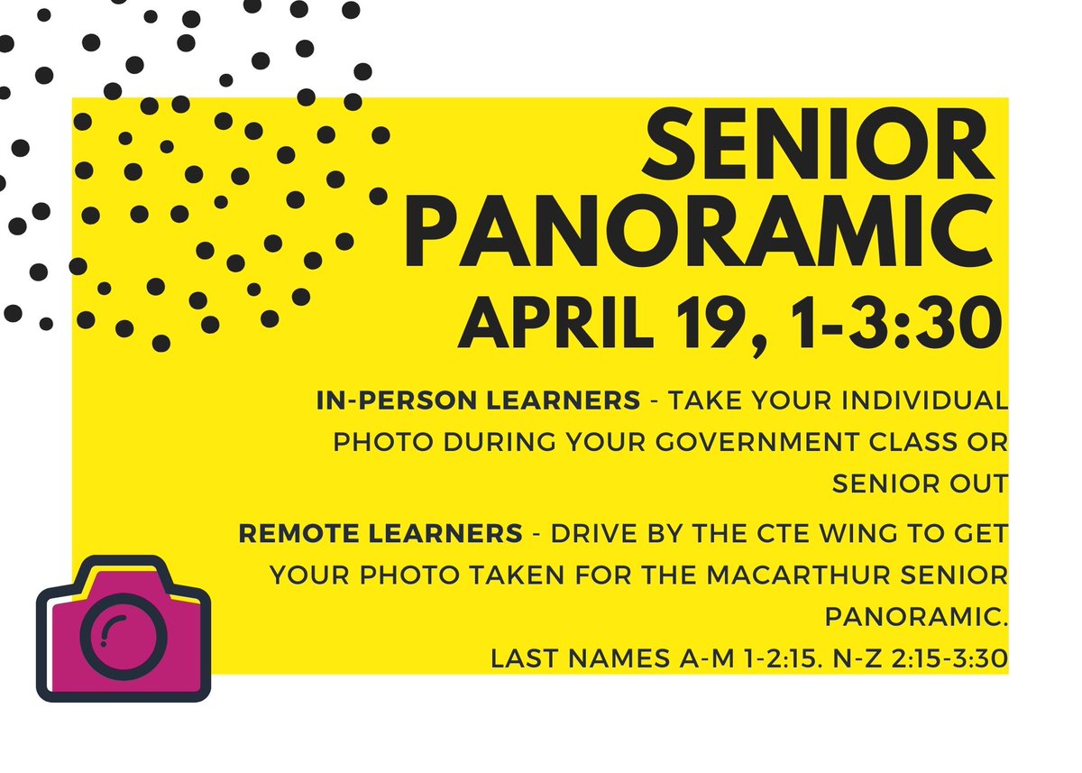 at last✨📸Seniors will have their individual photos taken at the CTE Wing to create a panoramic on April 19 from 1-3:30! Remote learners, check the times to come in shifts! <a href="/MacArthurCards/">MacArthur HS</a>