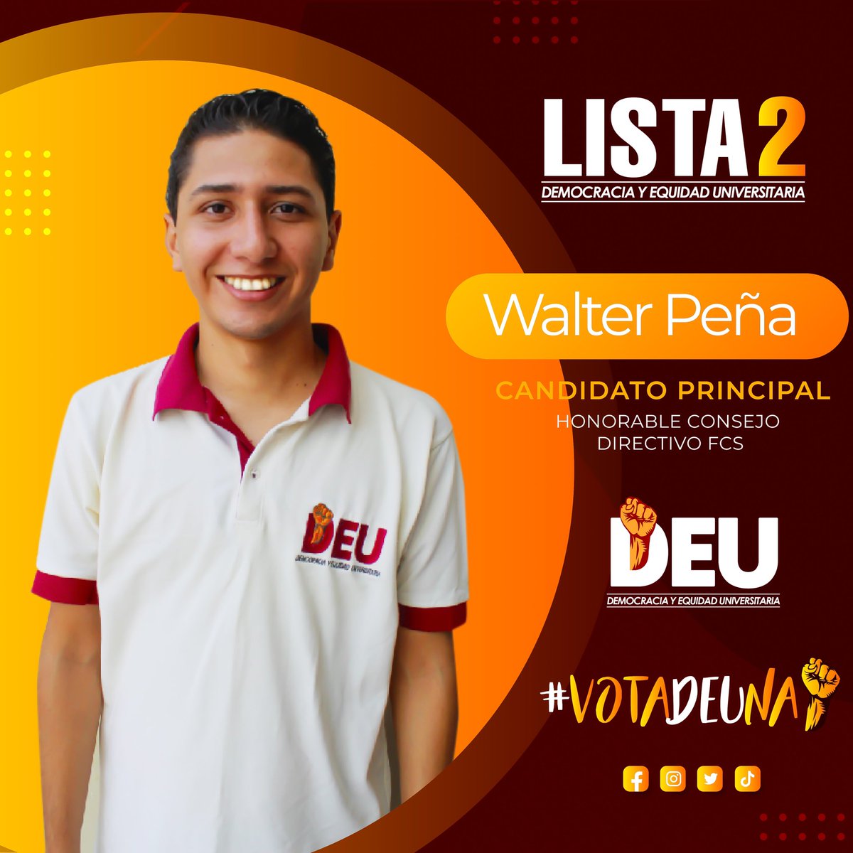 deu_utmach's tweet photo. CANDIDATO PRINCIPAL AL H. CONSEJO DIRECTIVO POR LA  FACULTAD DE CIENCIAS SOCIALES  #LISTA2 ✊🏼

Walter Peña, estudiante de la carrera de sexto nivel de la carrera de Derecho. @walterguiidopn_99 https://t.co/pbS9RxFpi9