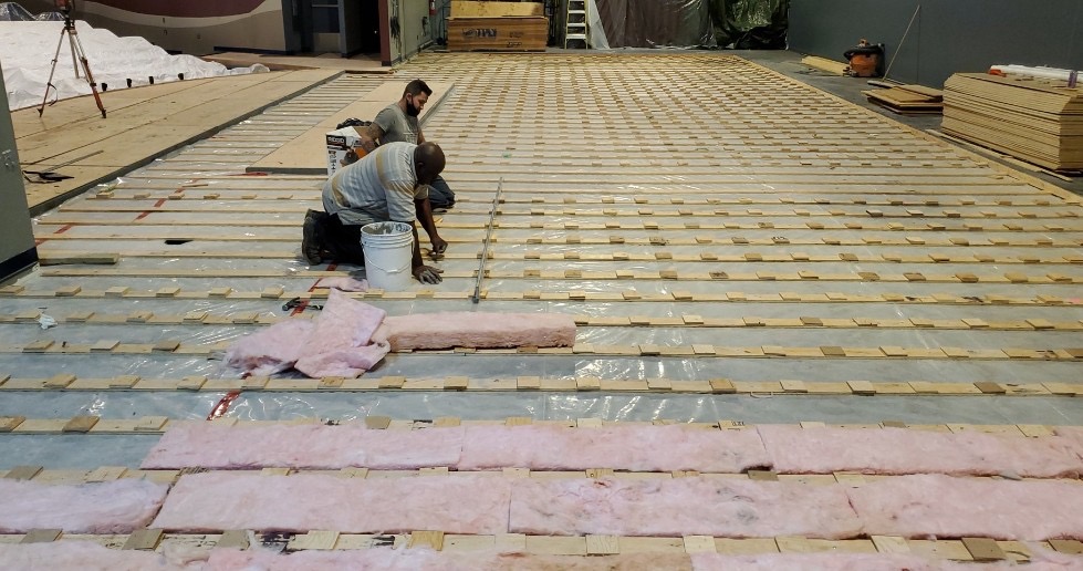 CentaurNation's tweet photo. Construction of new stage flooring at Dow Centennial Centre is taking shape. This custom sprung stage floor will not just look great for performances but also be very comfortable for the performers. Stay tuned for update once complete. #stageflooring #stagefloor #sportsflooring https://t.co/3lSJgUG5Tg