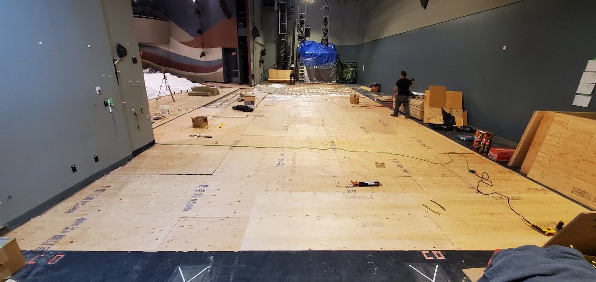 CentaurNation's tweet photo. Construction of new stage flooring at Dow Centennial Centre is taking shape. This custom sprung stage floor will not just look great for performances but also be very comfortable for the performers. Stay tuned for update once complete. #stageflooring #stagefloor #sportsflooring https://t.co/3lSJgUG5Tg