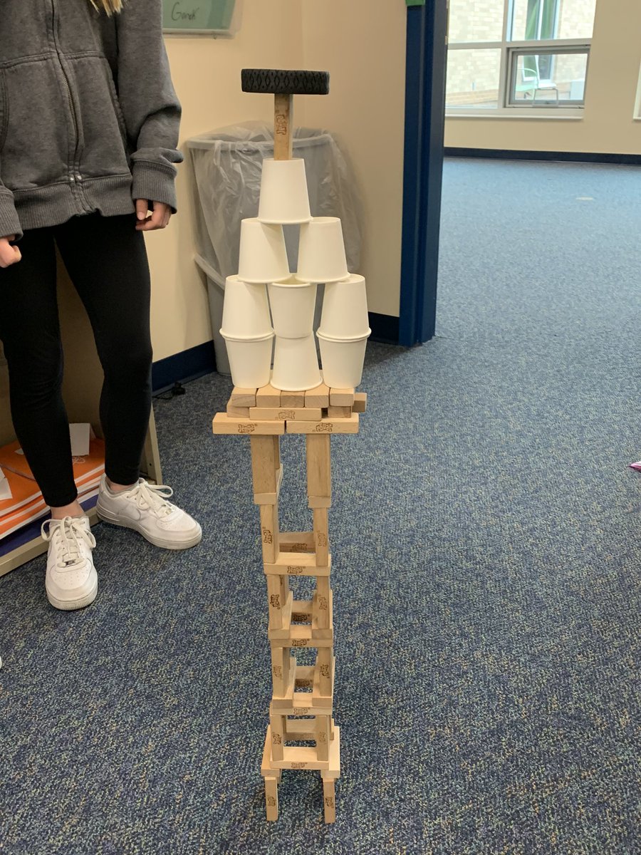 GorakBrandi's tweet photo. Design Challenge Build while getting to know my 6th graders @WISRocks.  Which team can build the tallest tower with 54 Jenna blocks and 10 paper cups?  Must use ALL supplies! 40 inches was the tallest! https://t.co/8P8qgo6DPz