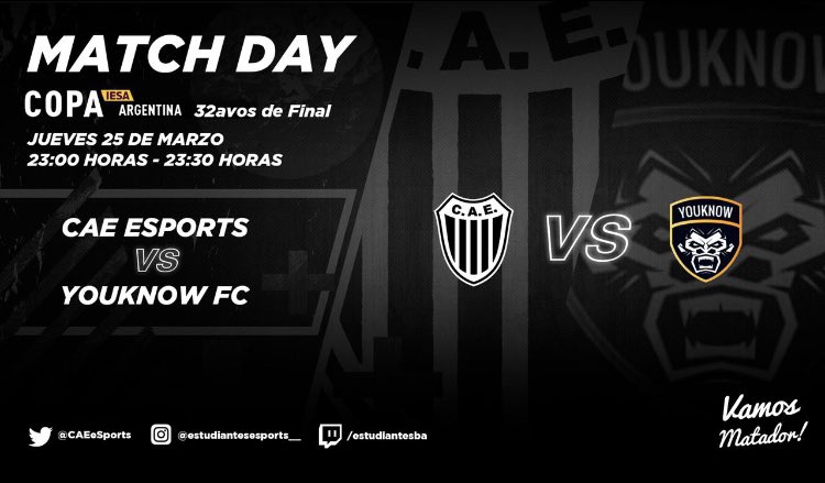 Nuestro rival en la noche de hoy por 32avos de Copa Argentina.

23:00 y 23:30 🆚 @YouKnow

#VamosMatador⚫️⚪️🙌🏽 
<a href="/EstudiantesOK/">Estudiantes</a>