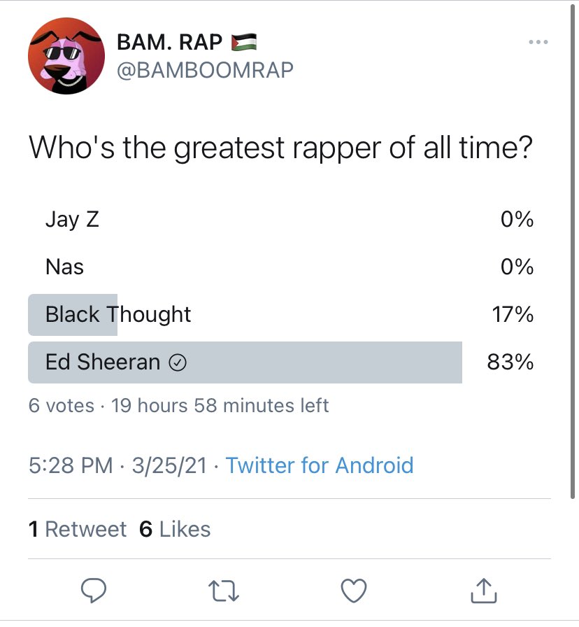 FreshPr43823651's tweet photo. @BAMBOOMRAP Don’t be like that 6th guy who voted for Black Thought https://t.co/ipisheHmvM