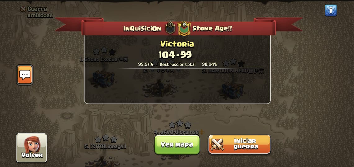 Tremenda guerra frente a los amigos de <a href="/StoneAgeCoc/">Stone Age!!</a>, gracias por la buena onda. 
Seguimos practicando para definir team! <a href="/javierPiconn/">JAVO-P</a> <a href="/laufrancoc/">franco martinez</a> <a href="/YUYAcocUA/">Juan Martín López</a> @adrianmendez52 <a href="/MarielZ2010/">MᥲrιᥱᥣZιm ✨🌺✨</a> <a href="/SierritaCoC/">Sierrita [Sector 7]</a>