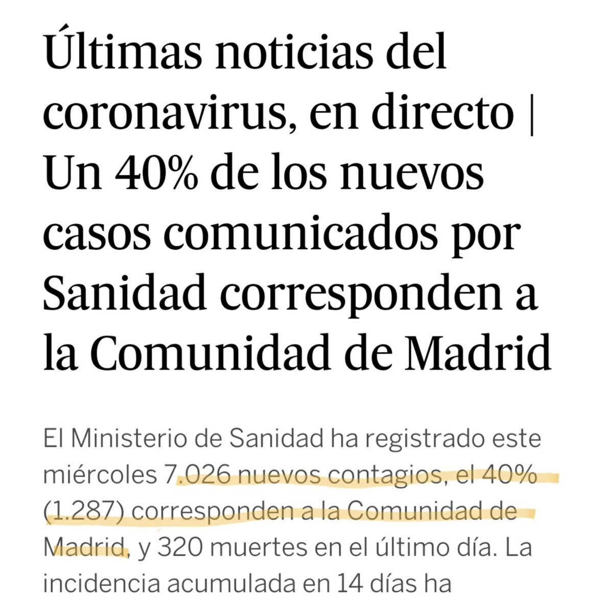 salabuscarla's tweet photo. Hola @el_pais No he visto rectificación por vuestra parte en esta noticia ¿Se equivocaron en el 40% o en el número de casos de Madrid? https://t.co/WePxfGCeWI