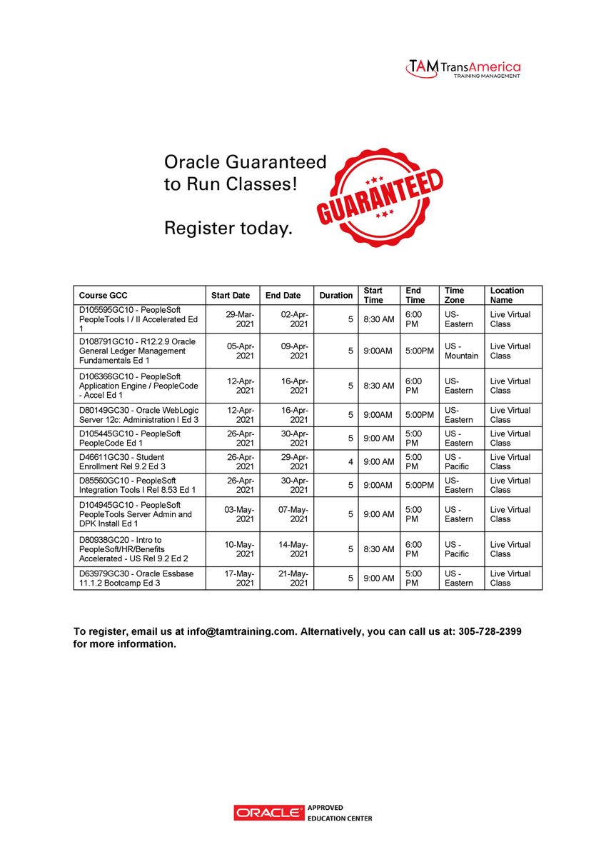TAMTraining's tweet photo. Register in Oracle Guaranteed to Run Classes. Email us at info@tamtraining.com. Alternatively, you can call us at: 305-728-2399 for more information.

#oraclecloud  #peoplesoft #r12 #cloudsaas #saas #paas #iaas #java #jdedwards #siebel #cloud #certification #oraclepartner #opn https://t.co/9UfPLfWAlq