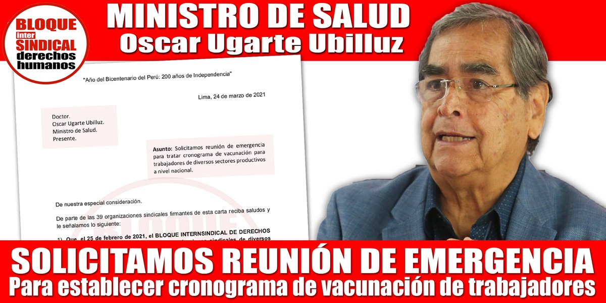 IntersindicalDH's tweet photo. Ministro @Minsa_Peru, @ougarteu, ayer 24/Marzo, el Bloque @IntersindicalDH envió carta a su despacho solicitándole una REUNIÓN DE EMERGENCIA PARA ESTABLECER CRONOGRAMA DE VACUNACIÓN PARA LOS TRABAJADORES. El Expediente es el Nº 21-034744-001. Ver carta👉🏽: https://t.co/pzLLdy5dD1 https://t.co/PtXsHWlLdw