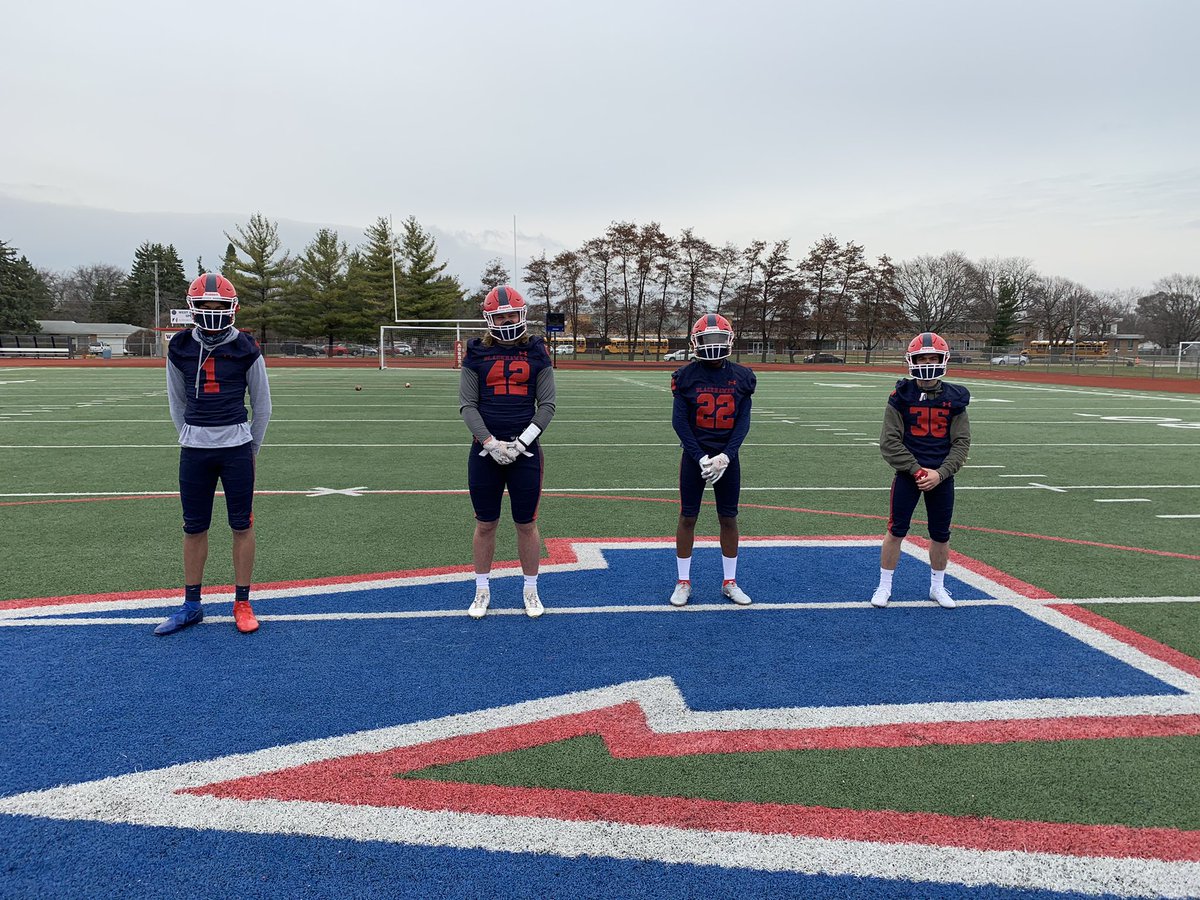WABlackhawkFB's tweet photo. The captains for our home game tomorrow night against Yorkville! Chris Stinson, Caleb Dietlen, Solomon McGee and Josh Moore. #DBD https://t.co/bclLHubZb3