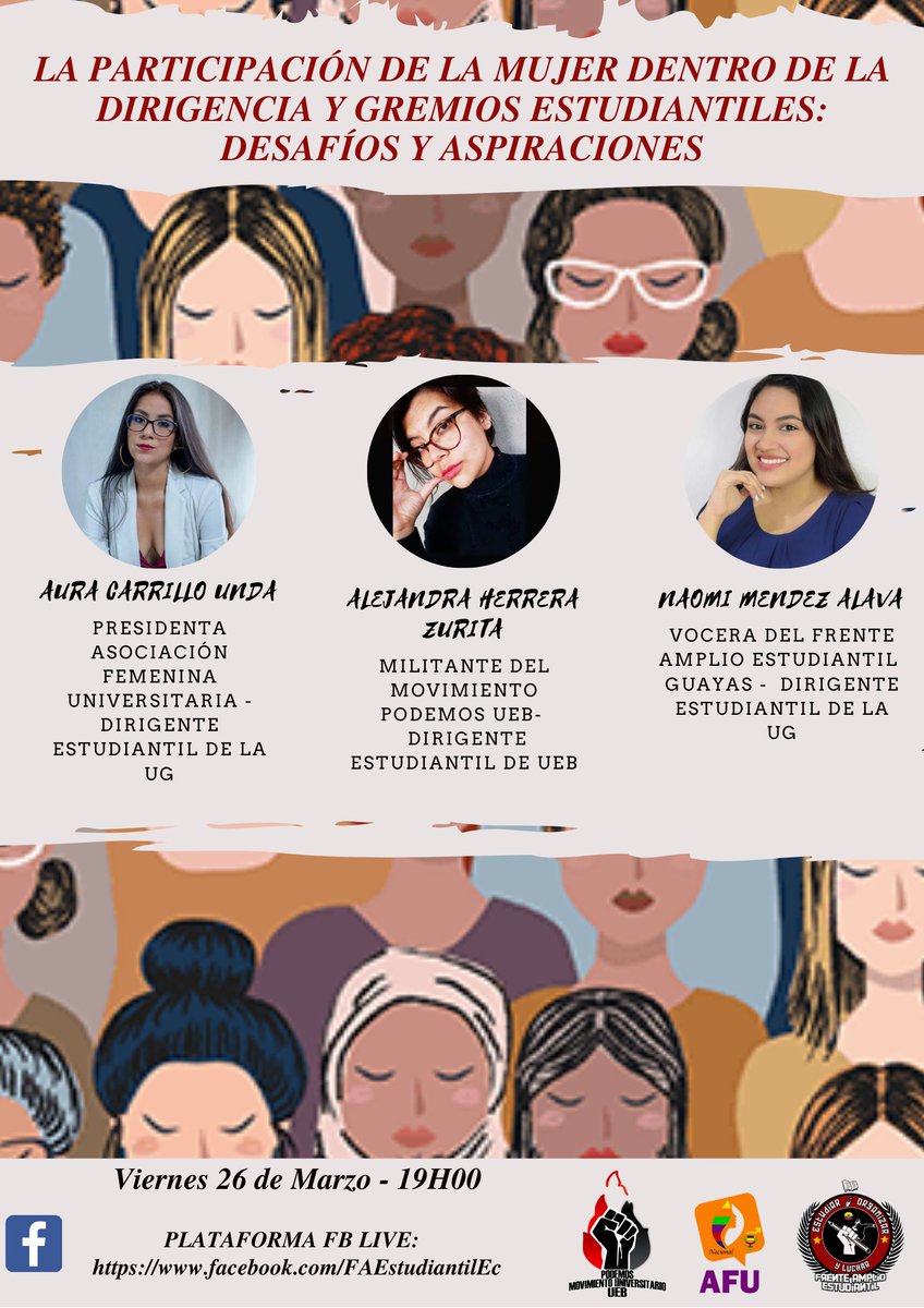 FrenteAE_ec's tweet photo. #Invitación 🚩 | Dirigida a las compañeras, compañeros y público en general al evento nacional «La participación de la mujer dentro de la dirigencia y gremios estudiantiles: desafíos y aspiraciones».

📆 VIERNES 26 DE MARZO
🕖 19H00 https://t.co/vuj2EYmwRU