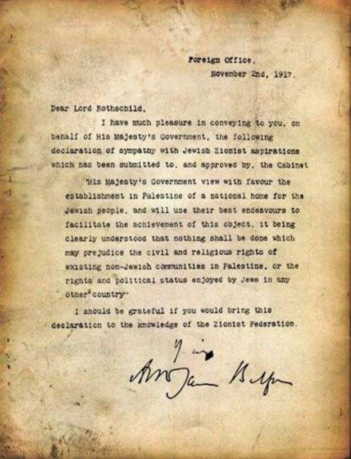 "The declaration specifically stipulated that “nothing shall be done which may prejudice the civil and religious rights of existing non-Jewish communities in Palestine." https://www.britannica.com/event/Balfour-Declaration