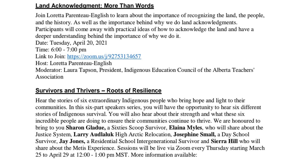 atassc's tweet photo. ATA Indigenous Education PD Facilitator Update Spring 2021 https://t.co/Em76ZZ860k @albertateachers @ATA_PD #ATA_PD @RTwerdoclib @cpeck3 @schill_dawg #ATALibrary #abed #goodsocialstudies https://t.co/u8wjaadeZV