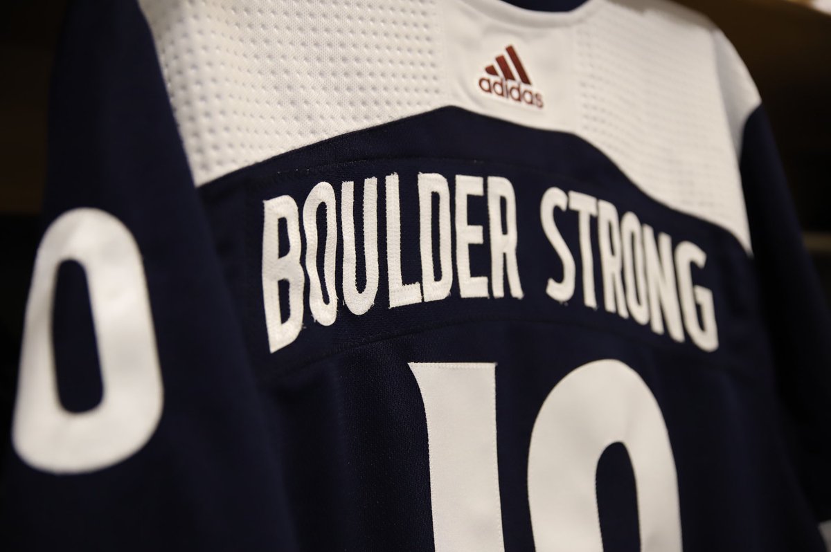 Avalanche's tweet photo. These special jerseys will be signed by players after warmups and auctioned off next week, with all proceeds benefitting the Colorado Healing Fund. 

#BoulderStrong #GoAvsGo https://t.co/1IeuF2UE0u