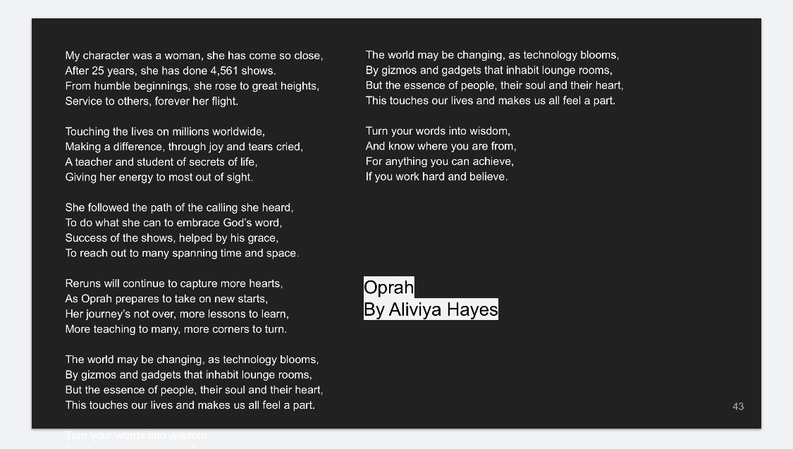 CheriDurham's tweet photo. When one of your 5th graders in Winston-Salem, NC chose to study Oprah for our Voices of Freedom project. She wrote this amazing poem for Oprah. Her goal is for Oprah to read it and comment! #Oprah https://t.co/7C1Nt2wyHD