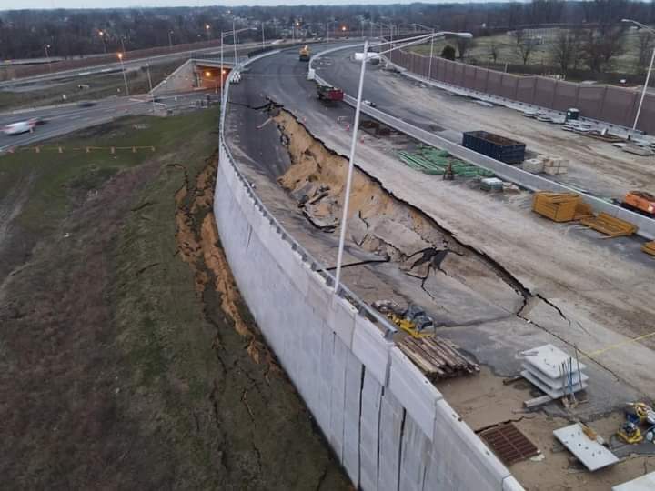 FrankCianfrani's tweet photo. After 2" of rain yesterday, this is what the Rt 295/76 interchange construction project in Bellmawr #NJ looks like. Significant structural damage. Can't help but think this is a major setback for this already VERY behind project. Drone photo courtesy of Jesse Czapkewicz. https://t.co/a26PIPe90F