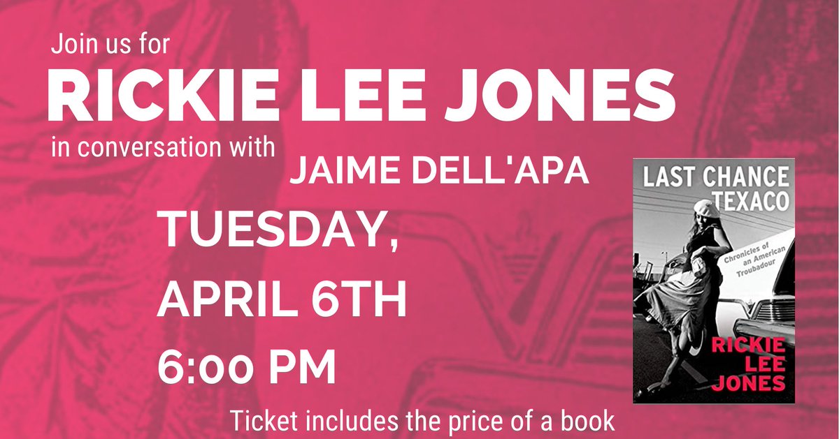 TheGDBookShop's tweet photo. This just in!
@RickieLeeJones in conversation with Jaime Dell’Apa.
Preservation Hall.
April 6th.
Get your tickets now!
https://t.co/ciEFBnHLJt https://t.co/taoxb17mEk