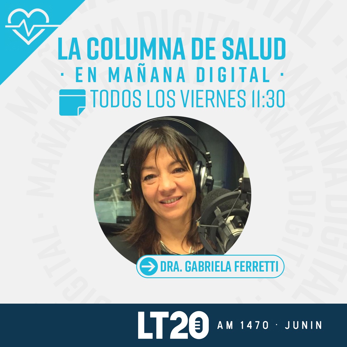 Lt20Radiojunin's tweet photo. Todos los viernes en #MañanaDigital con la conducción de @GVLocutor Los temas mas importantes sobre nuestra salud, en la voz de una de las profesionales mas destacadas del país la @doctoraferretti
#LT20 #GrupoLaVerdad #Salud https://t.co/QVhQEEmVyY