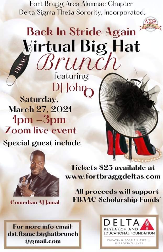 FortBraggDeltas's tweet photo. We are so excited to welcome comedian @ajjamal AJ Jamal! You're in for a great time!! Our scholarship fundraiser #bhb2021 Big Hat Brunch! #dst1913 #fbaac #dst #backinstrideagain https://t.co/g9sagL7msX