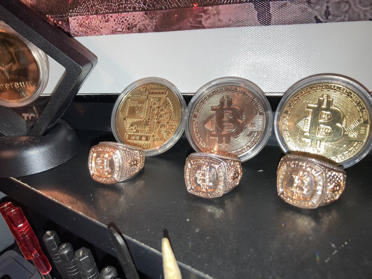 SimonFUTURE2's tweet photo. Check out some crypto swag and artwork! #collectors #cryptoring #bitcoinring #ring #bitcoinBull #bull #cryptoArt #artwork #btc #whatsnew #trending @DogeLordApparel @DCAAdventure @VoskCoin @RedPandaMining @SerpentXSF @CryptoMykel @SavageMine https://t.co/CpMCPMniOv