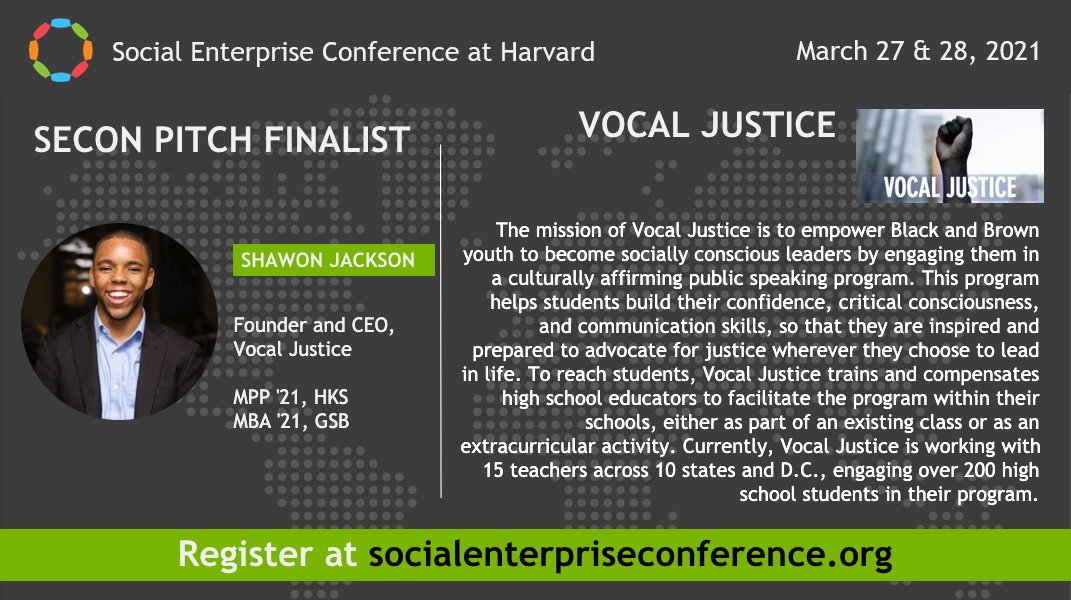 Phoenix_SCS's tweet photo. SEimpact: Shawon will be pitching Vocal Justice, which aims to empower Black &amp; Brown youth to become socially conscious leaders through a culturally affirming public speaking program.  

You will have the chance to ask questions and vote for the winner o… https://t.co/cST0Glbrlw