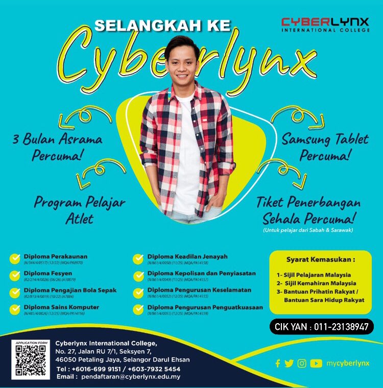 tmcyberlynx's tweet photo. Selangkah Ke Diploma Cyberlynx
👨🏻🎓Kepolisan & Penyiasatan
👨🏻🎓Keadilan Jenayah
👨🏻🎓Pengurusan Keselamatan
👨🏻🎓Pengurusan Penguatkuasaan
👨🏻🎓Pengajian Bola Sepak
👨🏻🎓Pentadbiran Perniagaan
https://t.co/oPSQ8NijCB
https://t.co/O4jqvrcCrf
#spm2020
#prepclass
#mycyberlynx https://t.co/Autlo9eptT