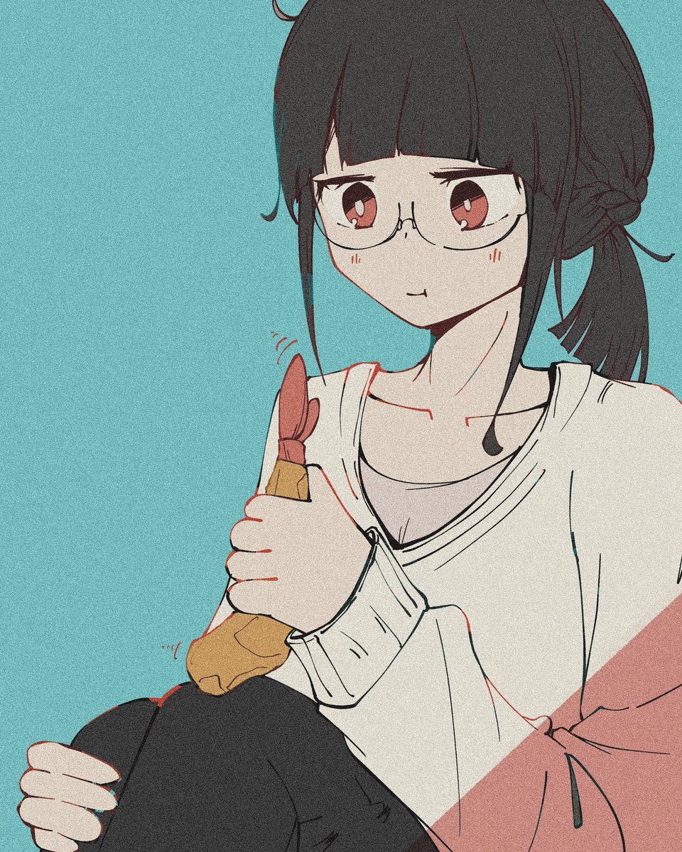 1girl solo glasses shoes black hair pants red footwear  illustration images