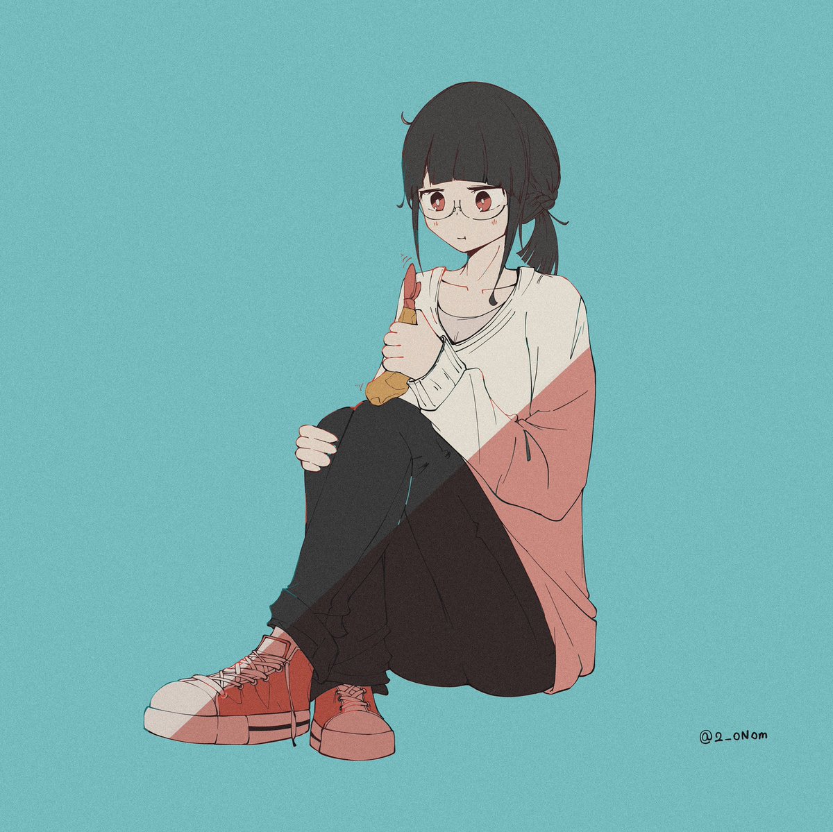 1girl solo glasses shoes black hair pants red footwear  illustration images