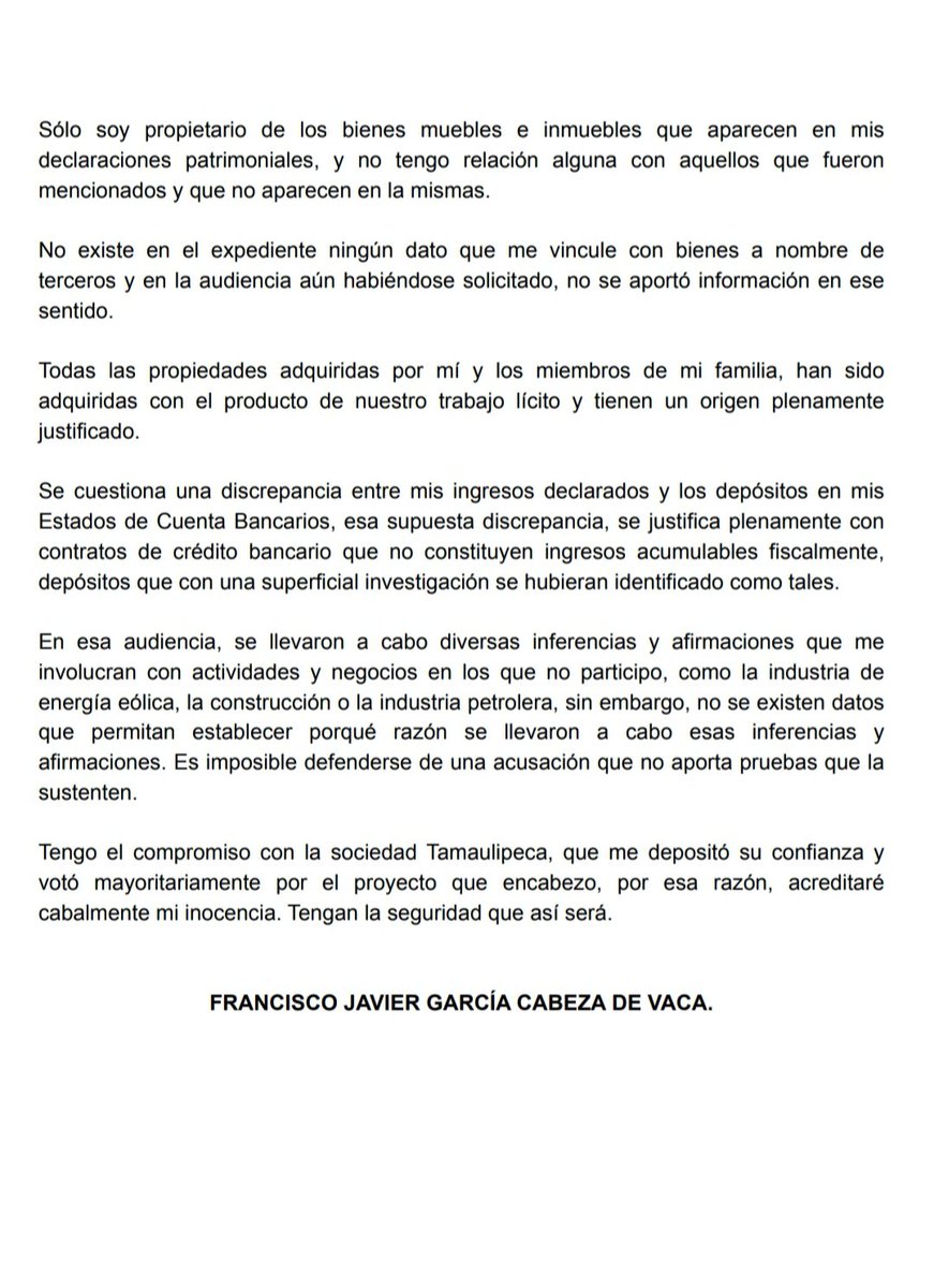 Mensaje a la opinión pública.