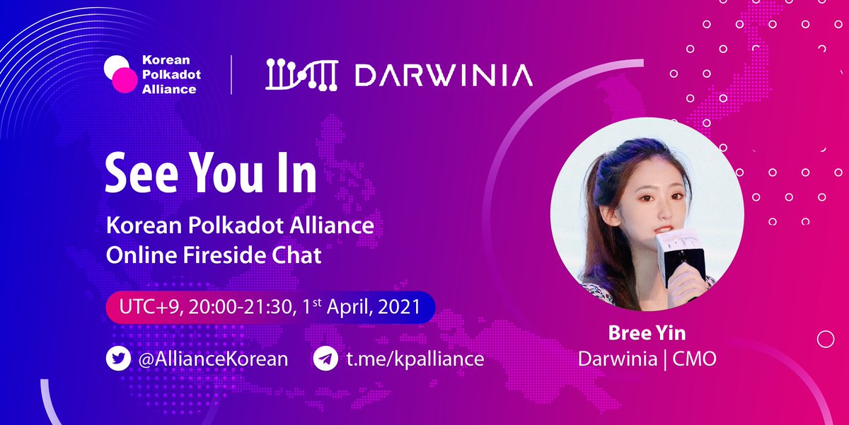 KPAlliance's tweet photo. @DarwiniaNetwork CMO Bree Yin will be one of our guests to join our first online fireside chat next Thursday. Comment your questions and #KRPolkadotAlliance, we will select 5 questions under each of our guest's introduction posts and 1 $DOT will be rewarded to selected users! https://t.co/45EdwrDDqr