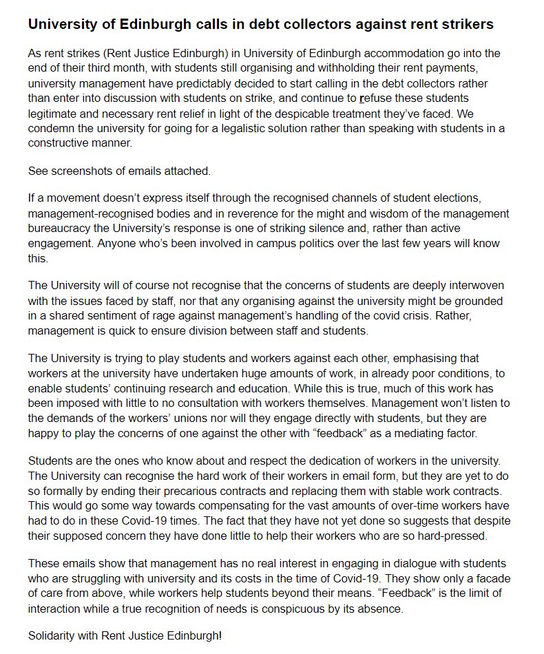 <a href="/EdinburghUni/">The University of Edinburgh</a> is SCARED 🐓🐓Read this article written by  <a href="/sssn_edi/">Staff-Student Solidarity Network Edinburgh</a> to hear how the uni would rather threaten <a href="/rentjusticeedi/">Rent Justice Edinburgh</a> strikers with legal action than sit down at a table and discuss it with us. Solidarity with our strikers 🥰✊
Text here: pastebin.com/M6s8qURH