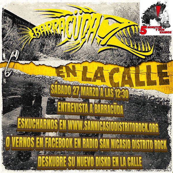 📻 Hola muy buenas📻 
Este sábado 27 de Marzo a las 12:30 de la mañana estaremos en Radio San Nicasio Distrito Rock en el programa 5 Minutos y nos vamos charlando sobre nuestro último trabajo discográfico EN LA CALLE. 🤟 🤟 🤟

#barracüda #enlacalle #700monos #entrevista #rock
