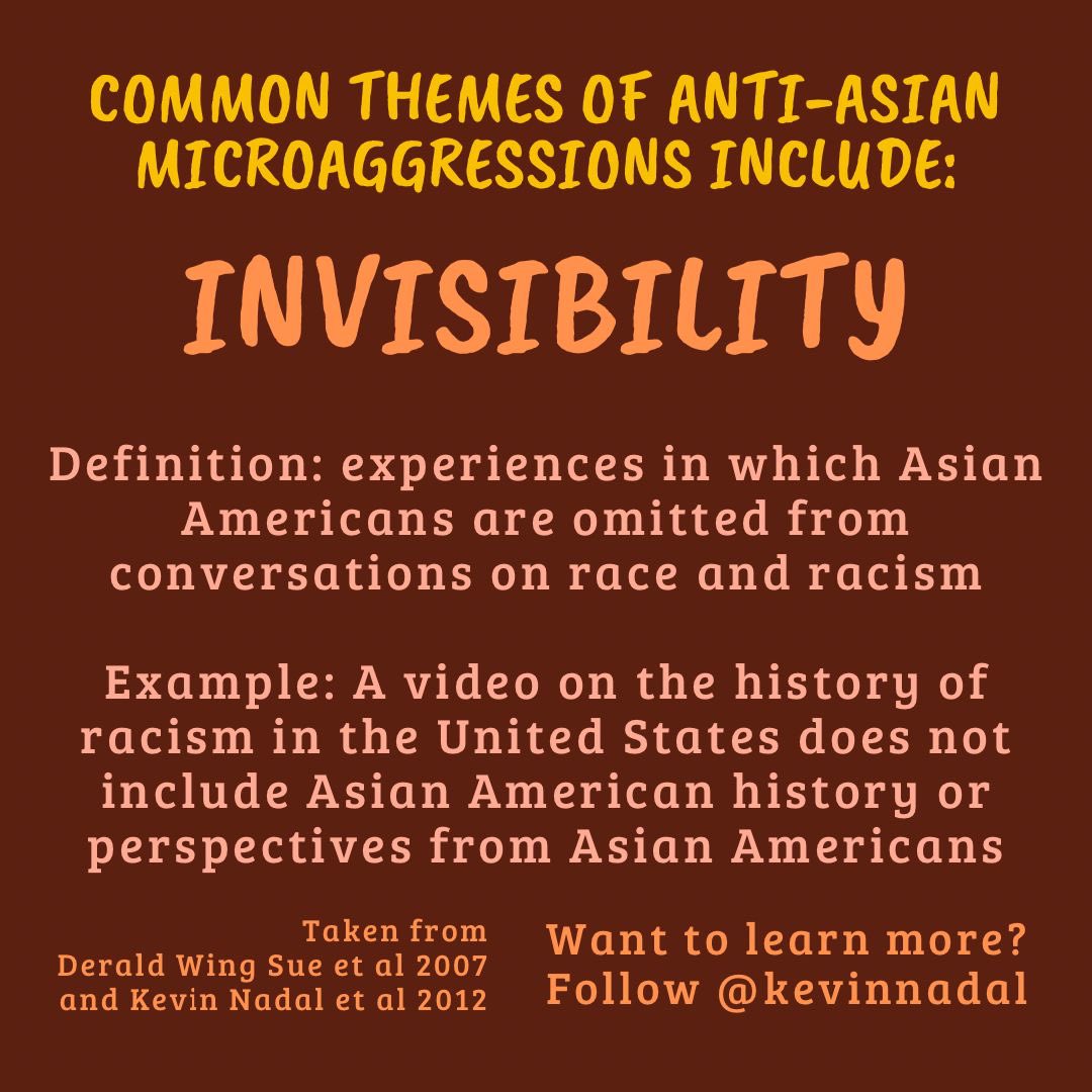 kevinnadal's tweet photo. Here are some more common themes of anti-Asian microaggressions that people experience in their everyday lives (cont’d): (e) invisibility, (f) exoticization/fetishization, (g) invalidation of interethnic differences; (h) ethnic stereotypes. Taken from @deraldwingsue 2007/ me 2012 https://t.co/LVKHTzFnOM