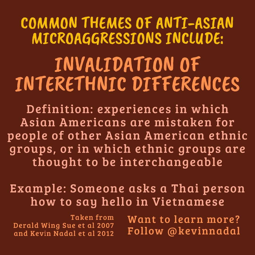 kevinnadal's tweet photo. Here are some more common themes of anti-Asian microaggressions that people experience in their everyday lives (cont’d): (e) invisibility, (f) exoticization/fetishization, (g) invalidation of interethnic differences; (h) ethnic stereotypes. Taken from @deraldwingsue 2007/ me 2012 https://t.co/LVKHTzFnOM